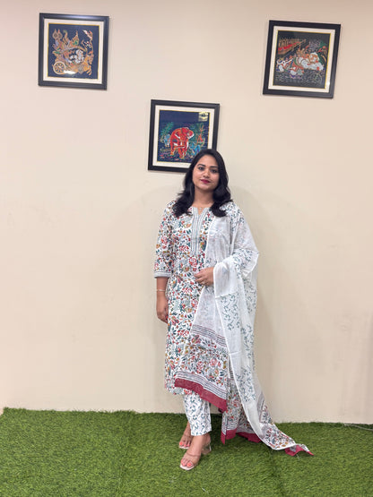Pure Cotton Handblock Kalamkari Kurti Pant Dupatta Set – Women’s Summer Ethnic Wear