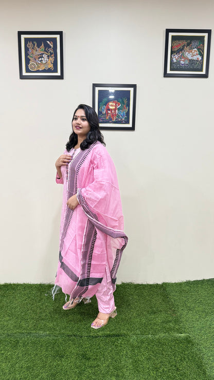 Cotton Handloom Straight Cut Kurta Pant Dupatta Set with Embroidery – Plus Sizes XL to 3XL