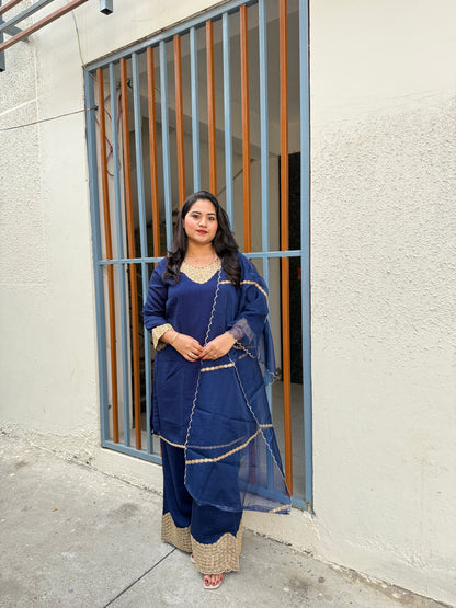 Royal Blue Real Silk Embroidered Kurta Sharara Dupatta Set for Women – Festive and Party Wear Designer Outfit (XL)