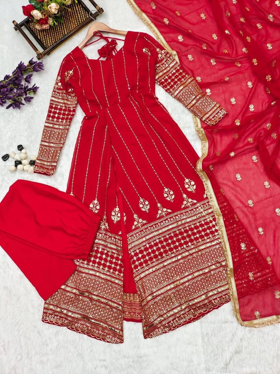 Red Georgette Slit Suit Set for Women with Dupatta and Bottom – Embellished Details – Sizes S to XXL