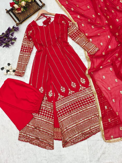 Red Georgette Slit Suit Set for Women with Dupatta and Bottom – Embellished Details – Sizes S to XXL