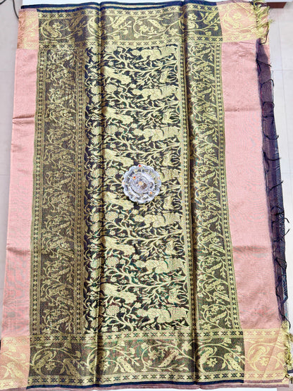 Semi Raw Silk Saree with Zari Hand Border, Heavy Jamdani Pallu and Contrast Blouse