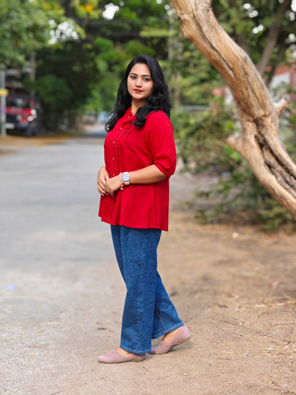 Women’s Red Dobby Cotton Short Top with Button Front – Casual & Office Wear