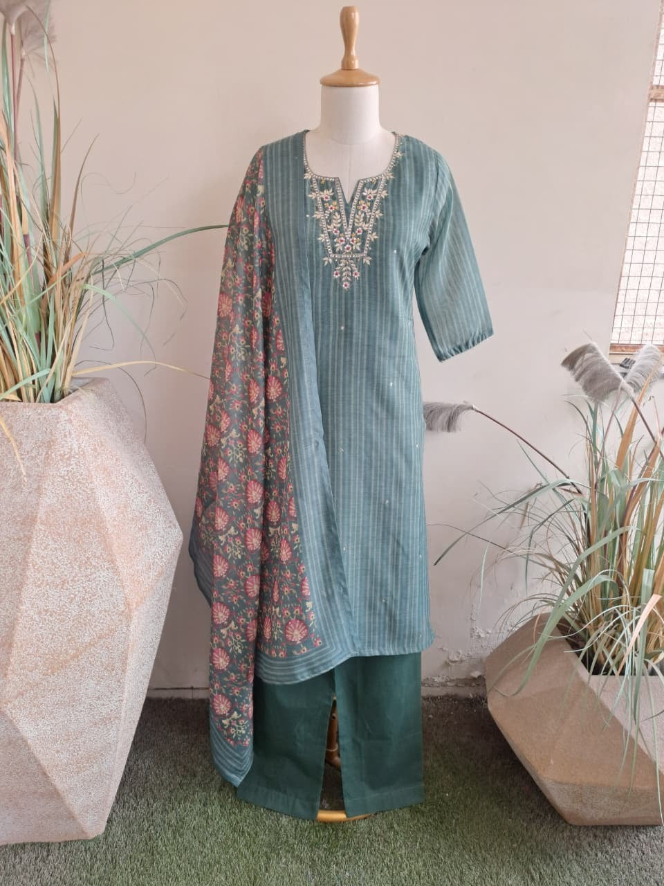 Digital Chanderi Kurta Set with Sequence and Zari Pittan Embroidery, Cotton Pant and Printed Dupatta