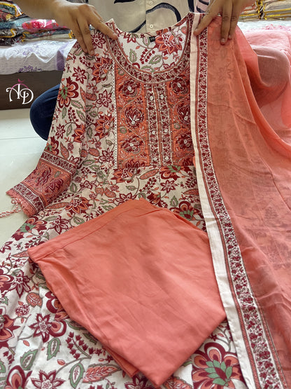 Pure Cotton Anarkali Suit Set with Hand Embroidery, Zari Weaving & Lace Dupatta – Sizes L to 3XL