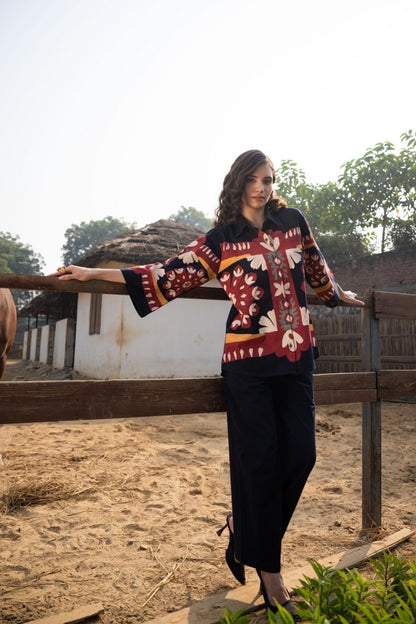 Cotton Poplin Oversized Co-Ord Set with Hand Brush Painted Design – Artistic Casual Wear for Women (Sizes 38 to 44)