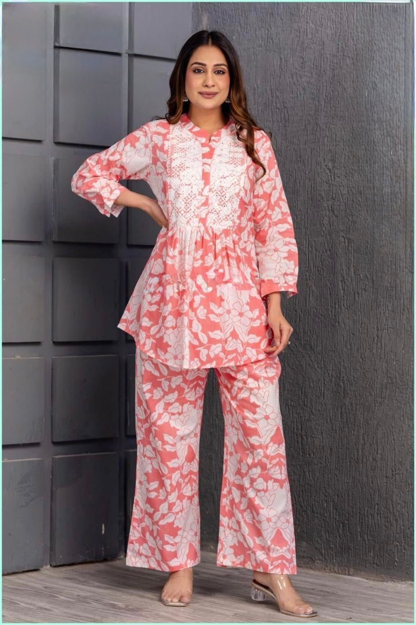 Women's Floral Cotton Co-ord Set with Thread and Mirror Embroidery and Pleated Back