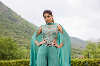 Lurex Chinon Chiffon Crop Top with Flared Divider and Chokar Dupatta – Heavy Handwork Set for Women