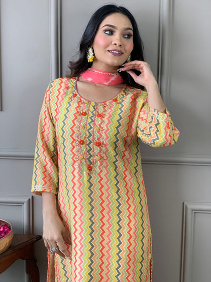 Chanderi Silk Digital Print Kurta Pant Dupatta Suit Set with Embroidery and Chiffon Dupatta – Sizes 38 to 44