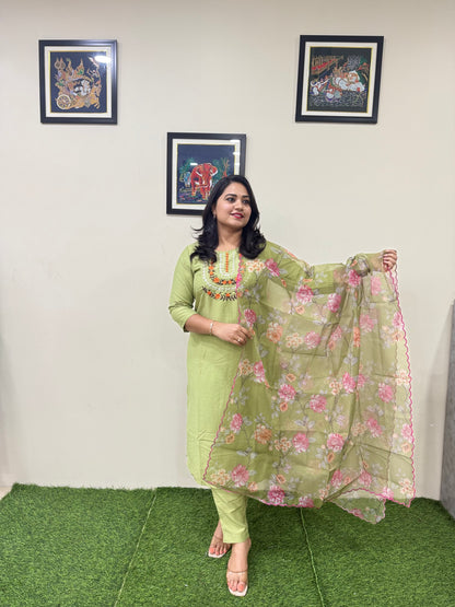 Embroidered Cotton Silk Kurti Pant Dupatta Set for Women with Organza Dupatta – Sizes 36 to 44