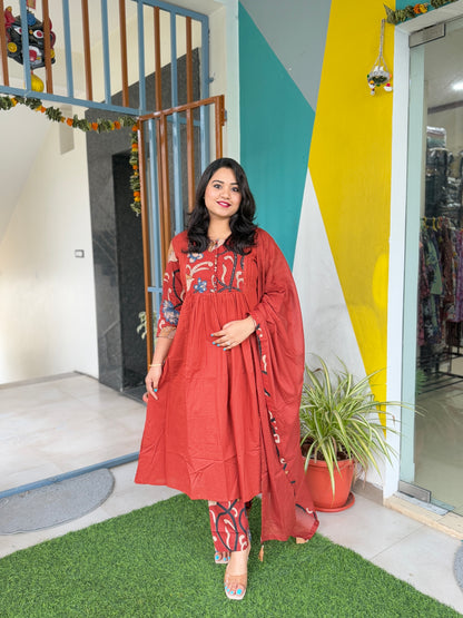 Women’s Kalamkari Cotton Kaftan Set with Embroidery and Mirror Work – Sizes 38 to 44