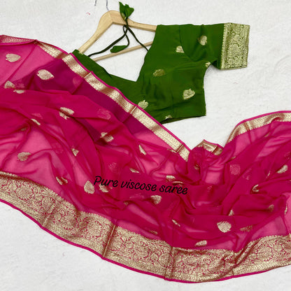 Women’s Pure Viscose Georgette Saree with Leaf Zari Design and Contrast Running Blouse