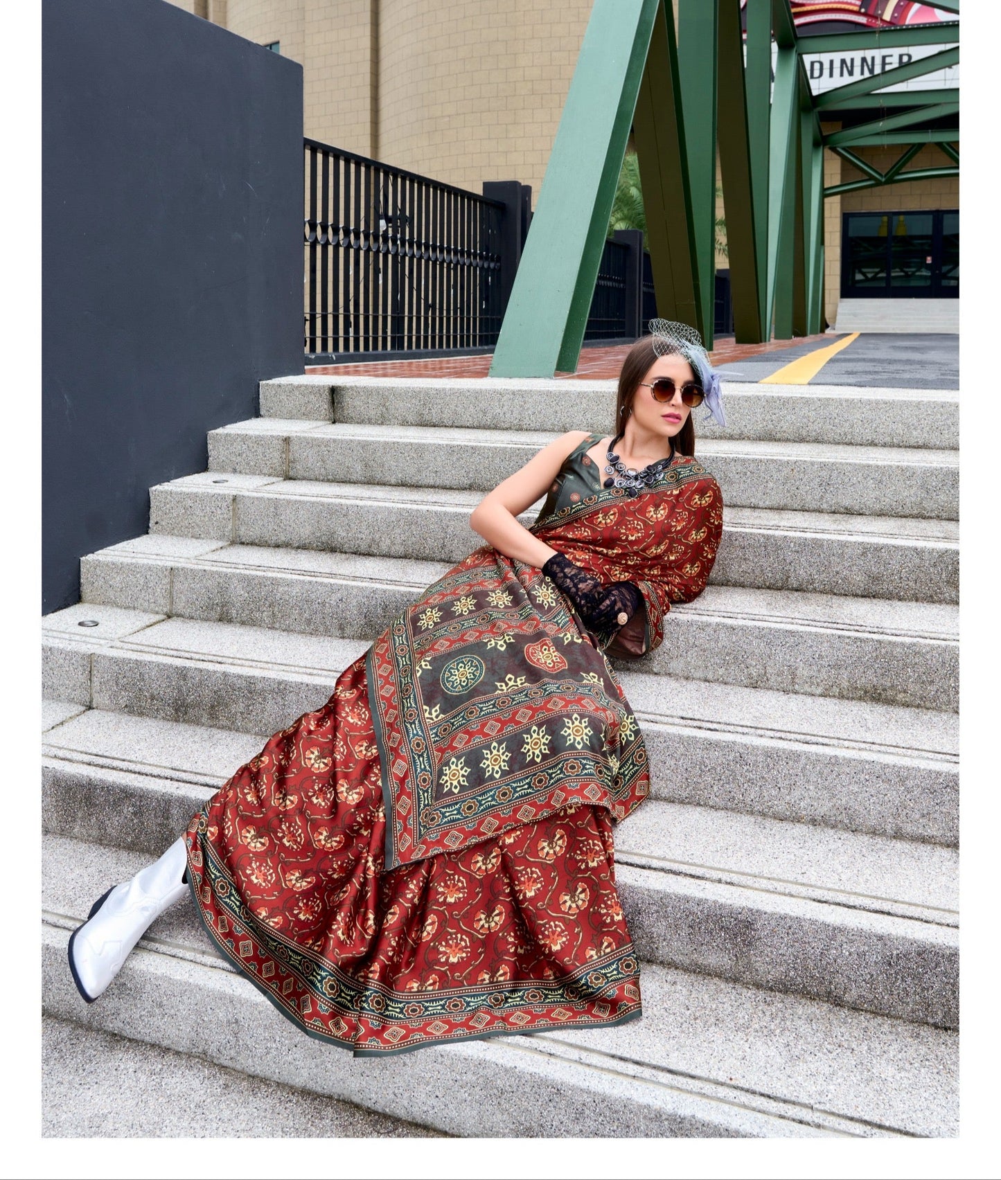 Pure Satin Silk Saree with Ajrakh Print – Festival and Traditional Wear Saree for Women