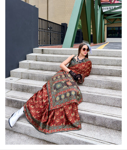 Pure Satin Silk Saree with Ajrakh Print – Festival and Traditional Wear Saree for Women