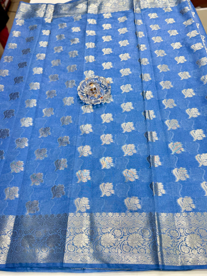Semi Dupion Silk Saree with Zari Buta Motifs and Contrast Border for Women