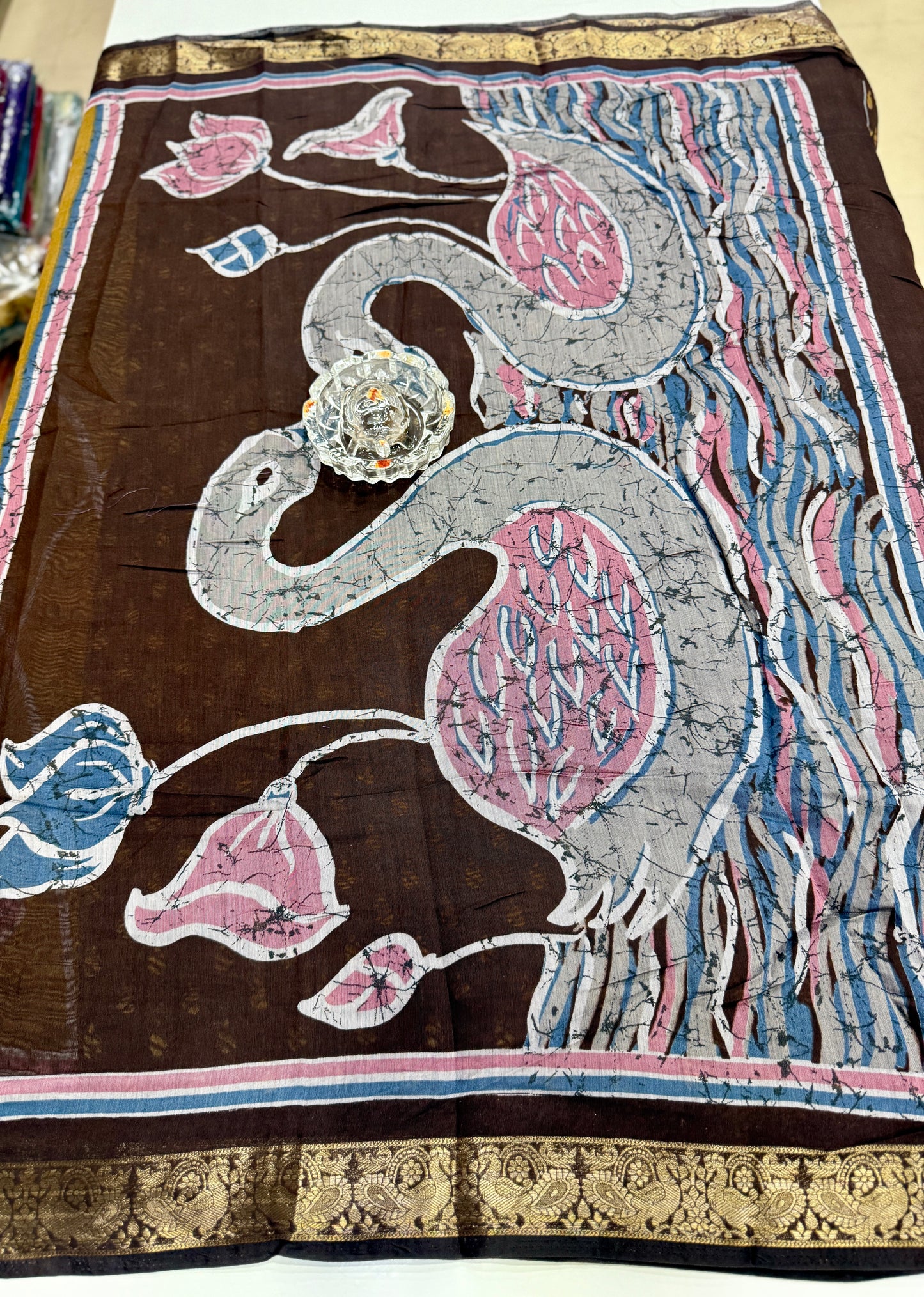 Chennuri silk style printed saree with traditional artwork border and unstitched blouse fabric for women