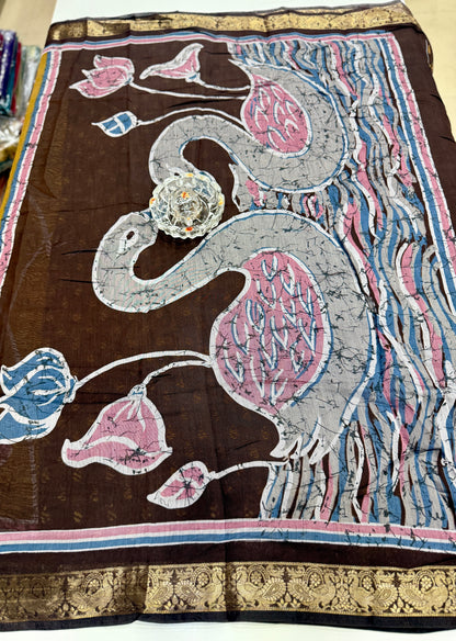 Chennuri silk style printed saree with traditional artwork border and unstitched blouse fabric for women