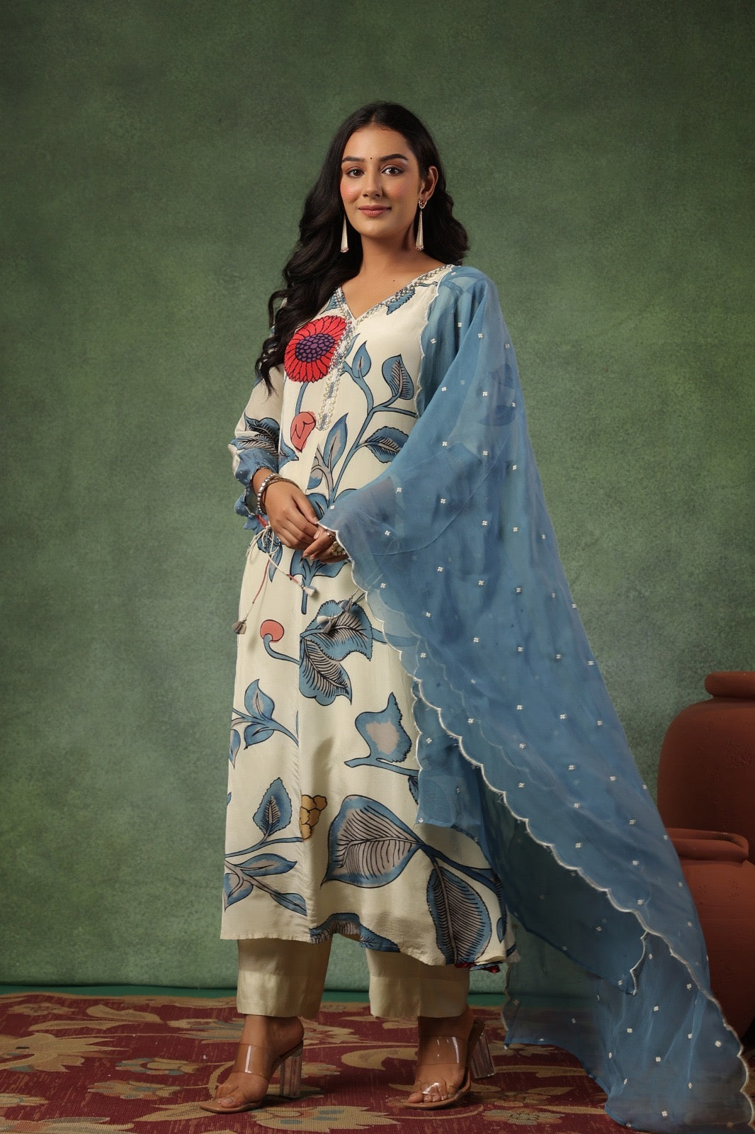 Pure Crepe Kurti Pant Dupatta Set for Women with Intricate Bits Work – Sizes 38 to 44