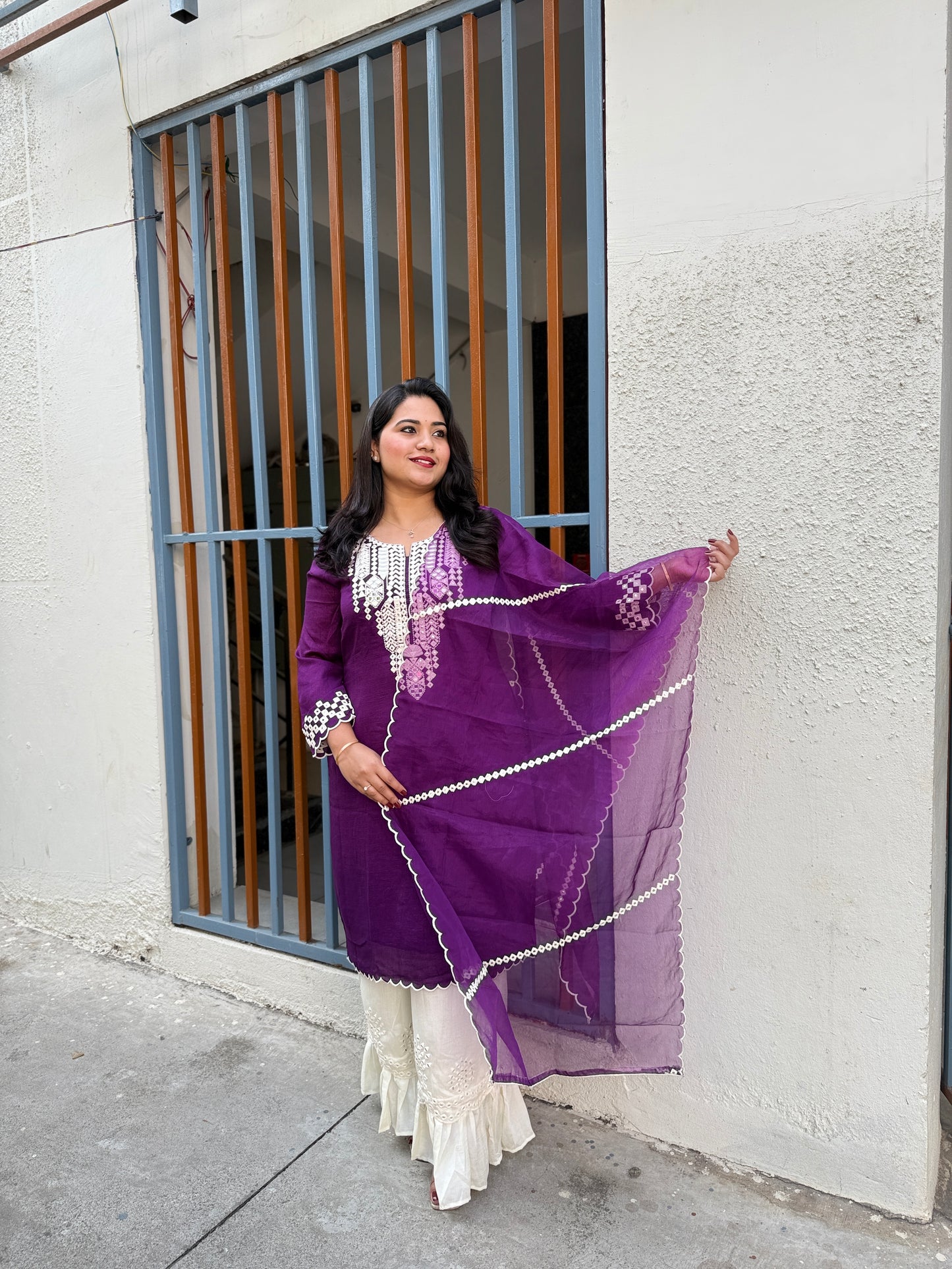 Purple Real Silk Mirror Embroidered Kurta Palazzo Dupatta Set for Women – Festive and Party Wear Designer Outfit (XL)