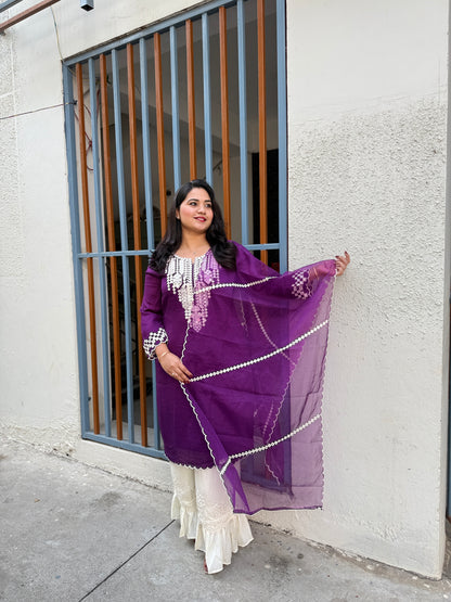 Purple Real Silk Mirror Embroidered Kurta Palazzo Dupatta Set for Women – Festive and Party Wear Designer Outfit (XL)