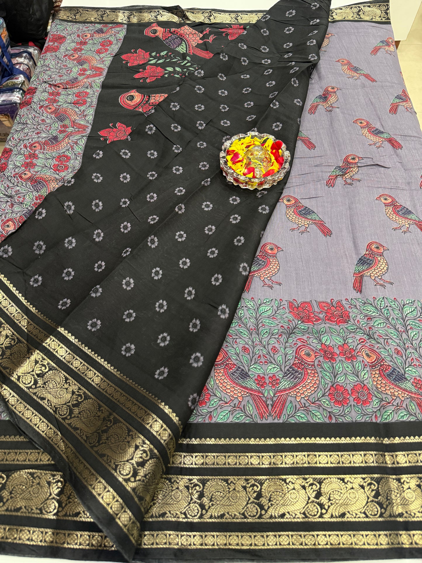 Venkatagiri style silk-blend printed saree with bird motifs and zari-style border, 6.3m women’s festive saree