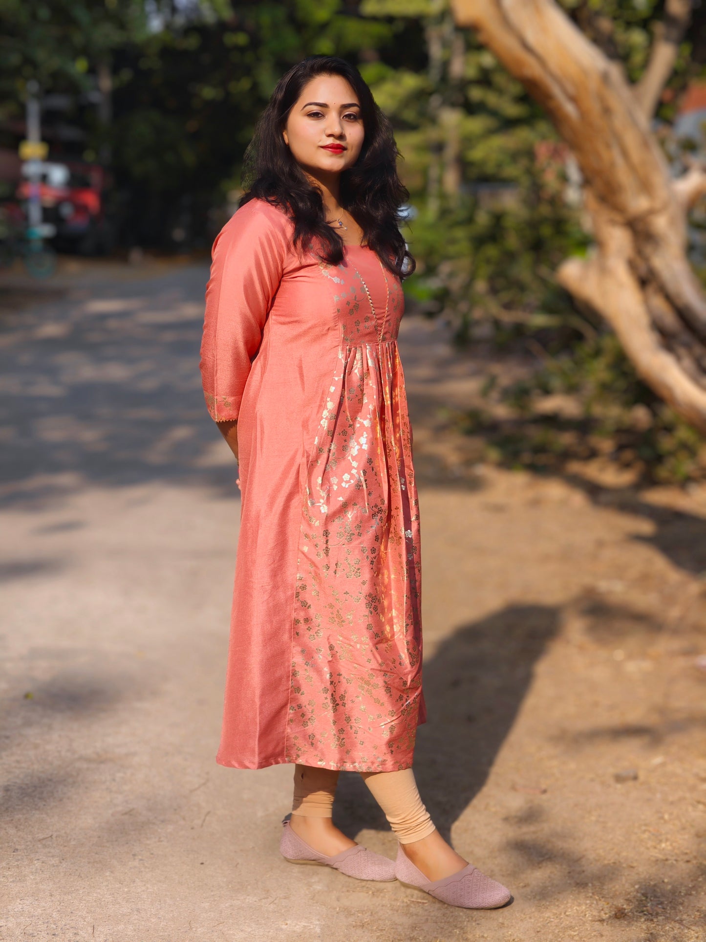 Peach Crepe Silk Floral Foil Printed Panelled Kurta for Women – M to 2XL