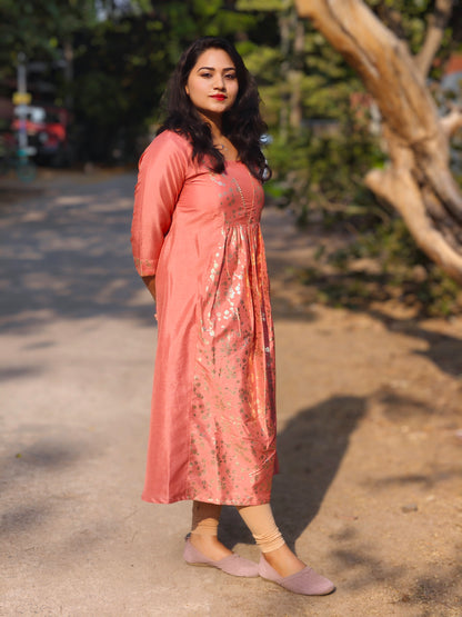 Peach Crepe Silk Floral Foil Printed Panelled Kurta for Women – M to 2XL