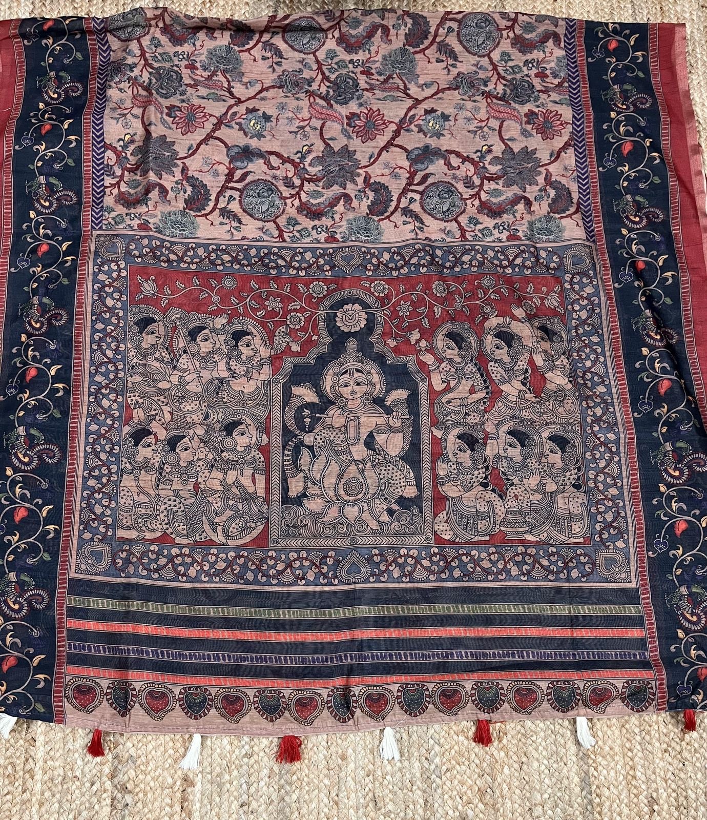 Mul Chanderi Cotton Saree with Kalamkari Print, Golden Zari Piping, and Batik Blouse – Ethnic Wear for Women