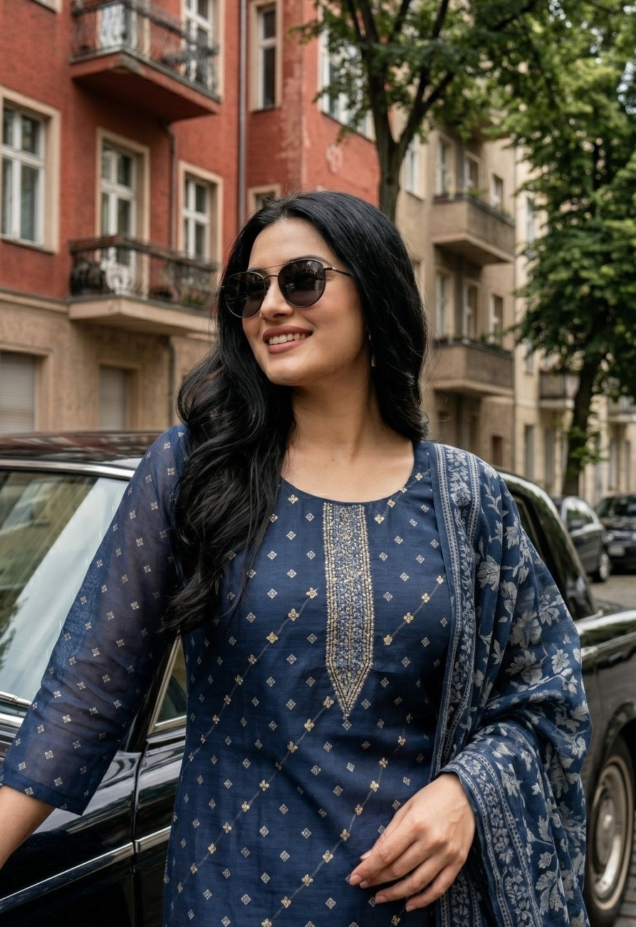 Mul Chanderi Printed Kurta Pant Dupatta Set with Kantha Work and Lining for Women (Blue, 3 Piece)