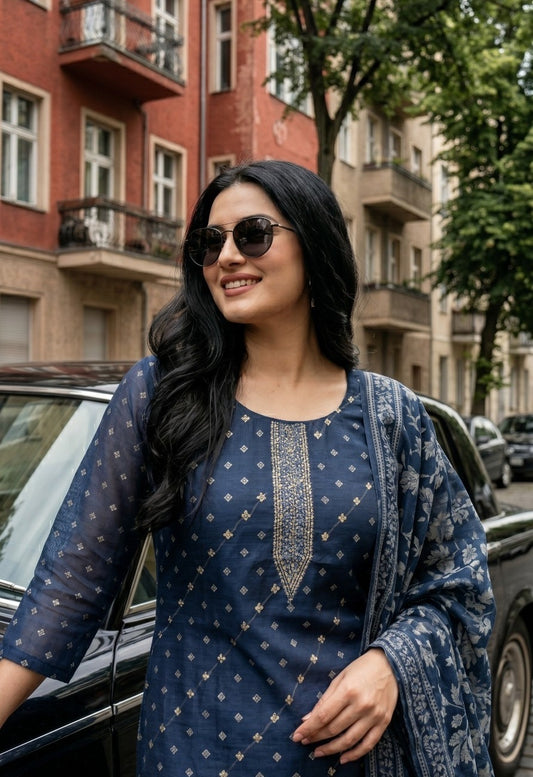 Mul Chanderi Printed Kurta Pant Dupatta Set with Kantha Work and Lining for Women (Blue, 3 Piece)