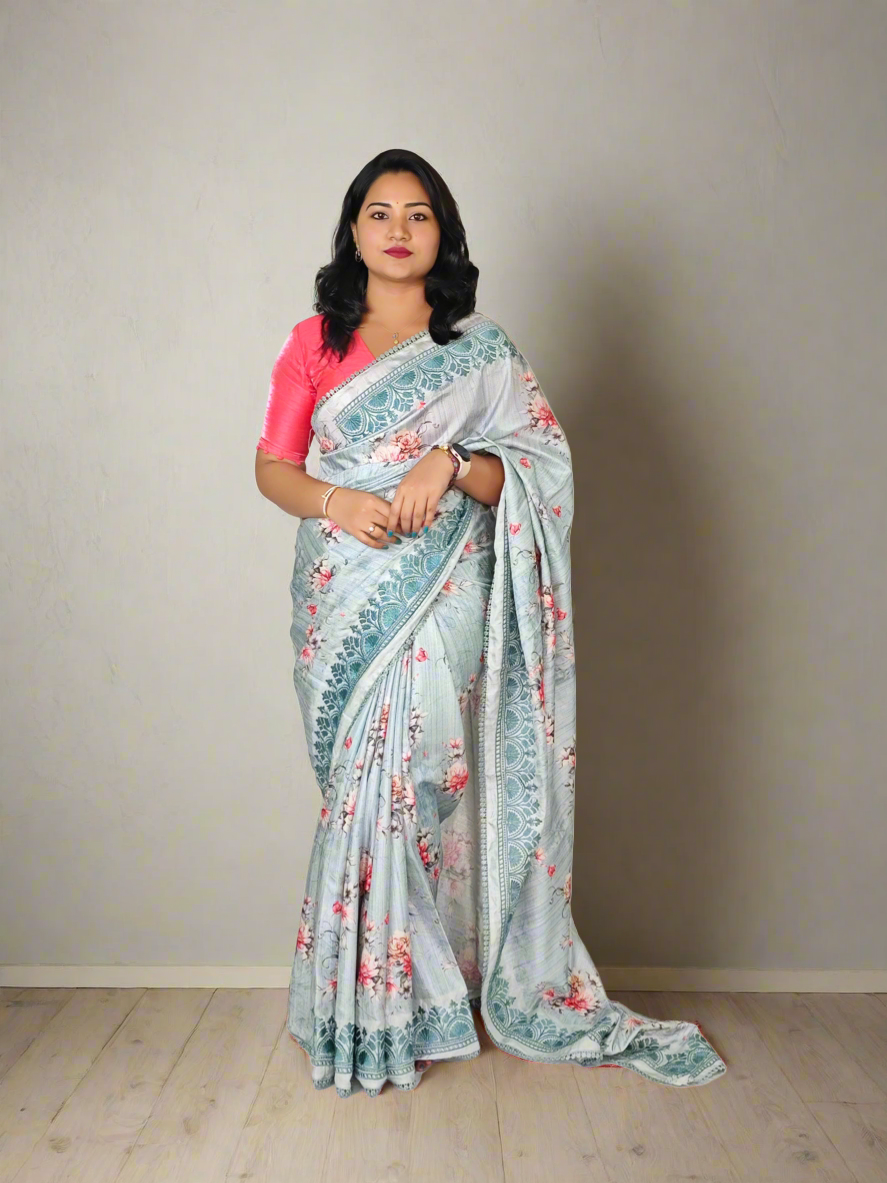Handloom Tussar Silk Digital Print Saree with Embroidery, Lace Border, and Contrast Blouse