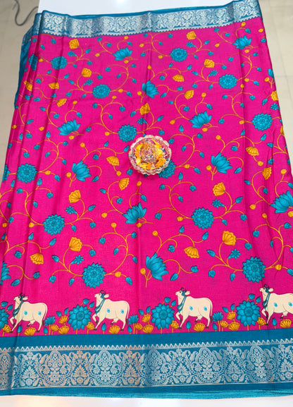 Madrasi Cotton Silk Saree with Cultural Print Motifs and Matching Blouse Piece for Women