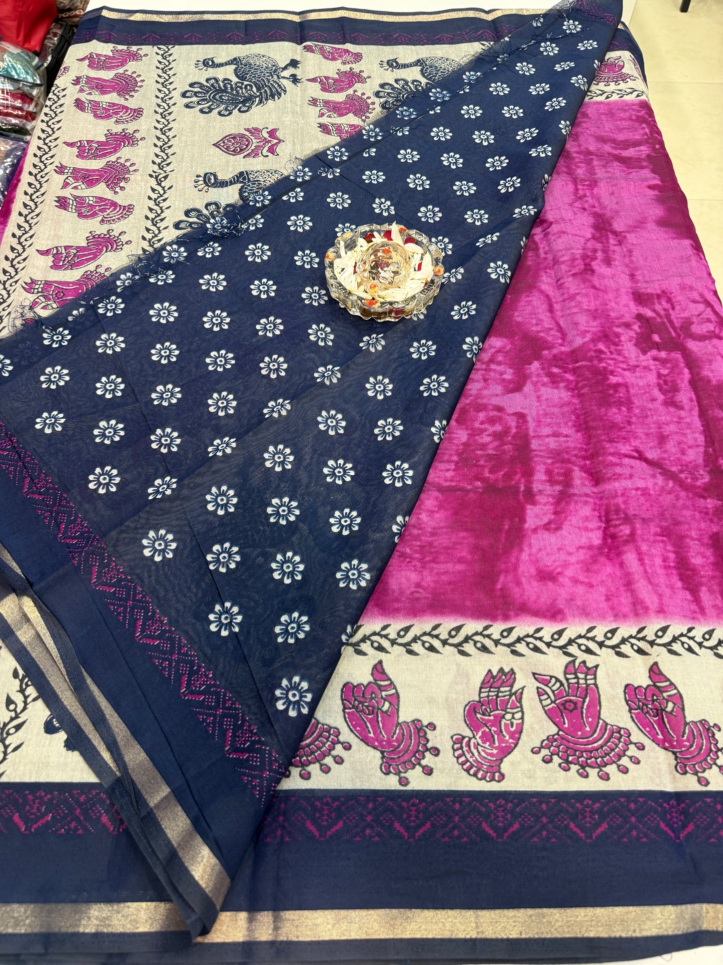 Silk blend printed saree with contrast border and pallu print, 6.3m with running blouse, 6 color options
