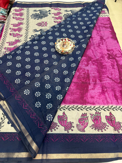Silk blend printed saree with contrast border and pallu print, 6.3m with running blouse, 6 color options