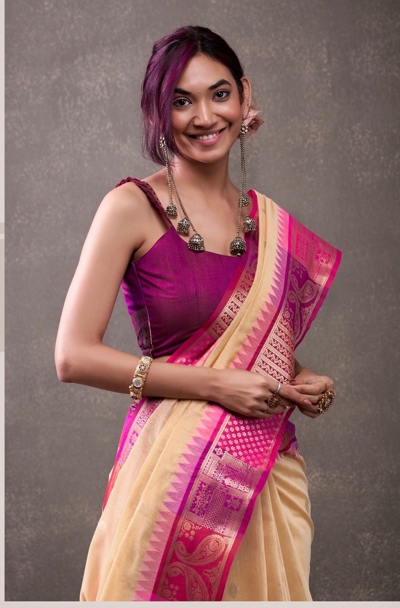 royal modal cotton saree with zari border and contrast blouse – festive ethnic wear for women