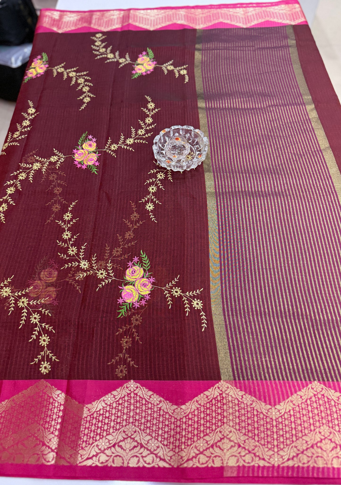 Banarasi kota silk saree with floral embroidery, contrast magenta zari border and matching blouse piece for women