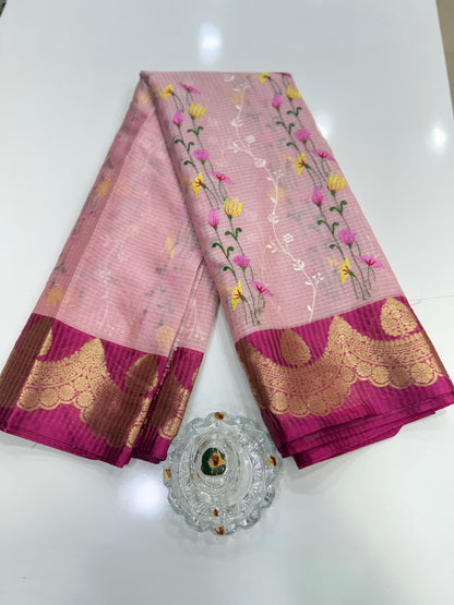 Banarasi handloom Kota check saree with mina embroidery, scalloped border and zari chit pallu