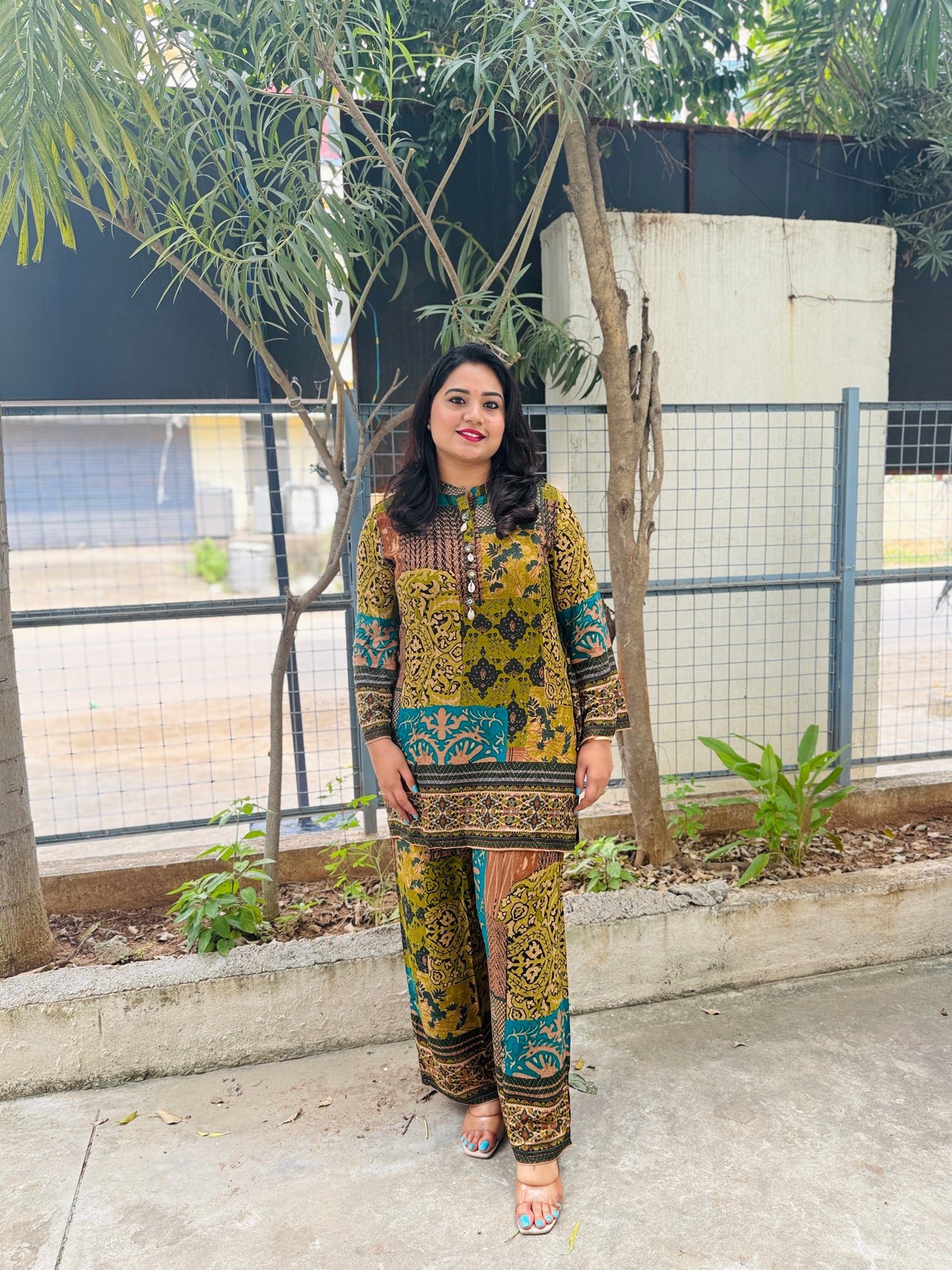 Pure Rayon Co-Ord Set with Floral Patch Digital Print, Kauri Buttons, and Flared Sleeves – Casual Fusion Wear for Women