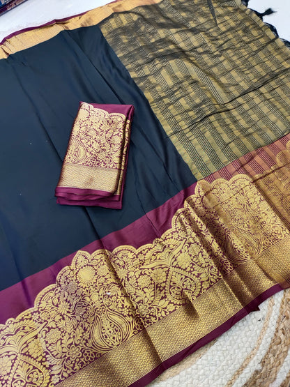 Kanjivaram Narayanpeth Silk Saree with Mor Designer Border and Contrast Pallu – With Blouse Piece