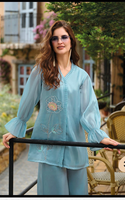 Viscose Silk Co-ord Set with Handwork Top and Culotte Pants – Women’s Festive and Casual Wear