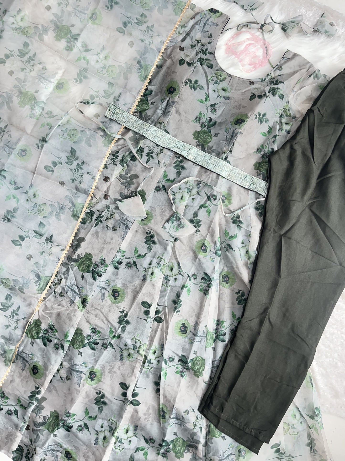 Organza Silk Anarkali Suit Set with Kali Cut, Canvas Patta, Cotton Pants and Dupatta for Women