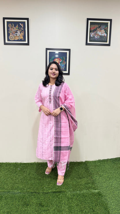 Cotton Handloom Straight Cut Kurta Pant Dupatta Set with Embroidery – Plus Sizes XL to 3XL