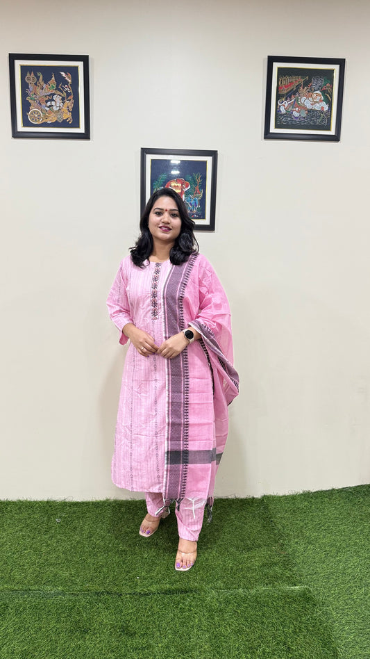 Cotton Handloom Straight Cut Kurta Pant Dupatta Set with Embroidery – Plus Sizes XL to 3XL