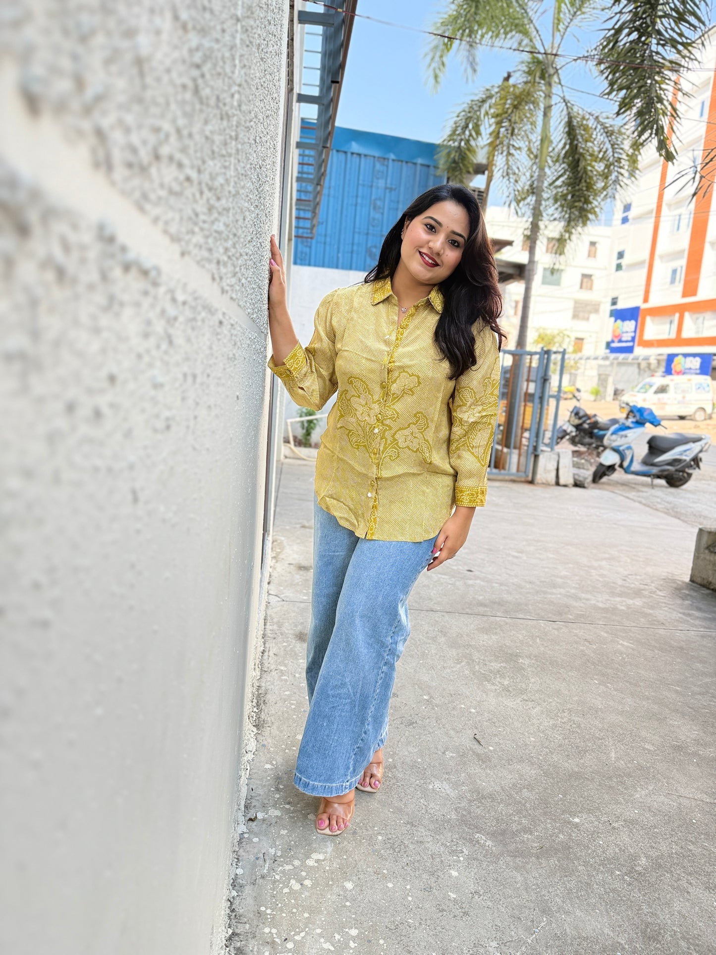 Crepe Bandhani Printed Top with Pintuck Detailing and Metal Buttons for Women