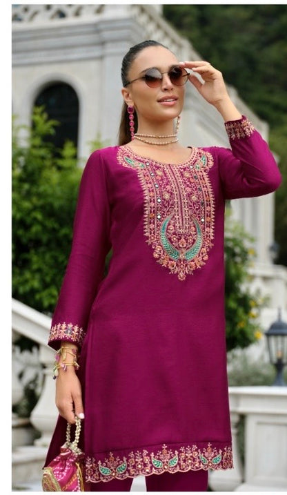 Pure Tussar Silk Co-Ord Set with Embroidery and Handwork – Festive Wear for Women in XL to 3XL