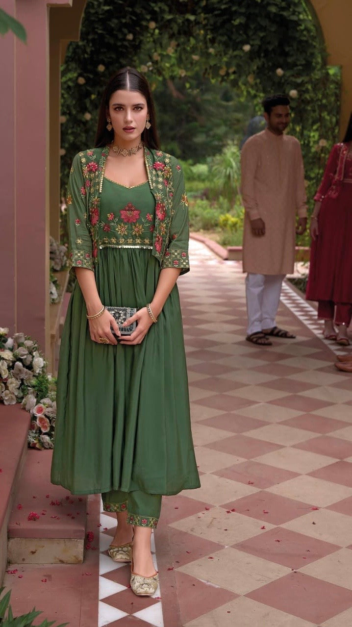 Pure Viscose Silk Gown Pant Set with Embroidered Organza Koti – Women’s Festive Ethnic Wear