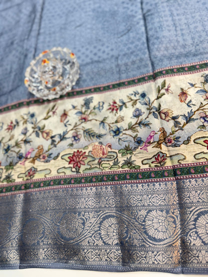 Russian Viscose Crepe Silk Chittpallu Saree with Heritage Print and Zari Border for Women