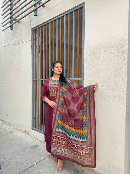 Cotton printed suit set for women with geometric yoke print, matching pant and dupatta