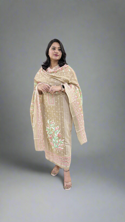 Unstitched Pure Cotton Suit Material with Handwork, Printed Salwar and Mal Mal Cotton Dupatta