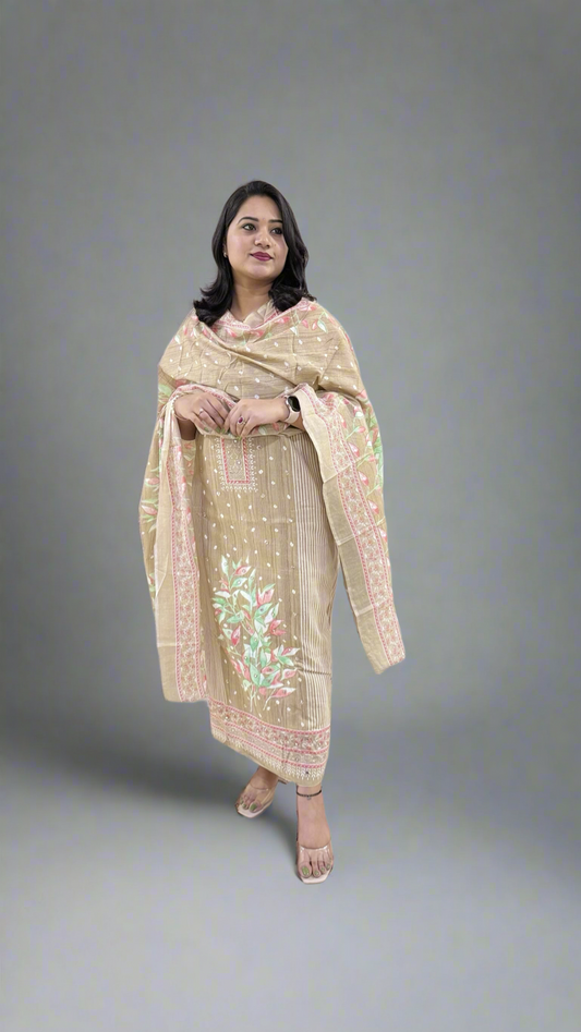 Unstitched Pure Cotton Suit Material with Handwork, Printed Salwar and Mal Mal Cotton Dupatta
